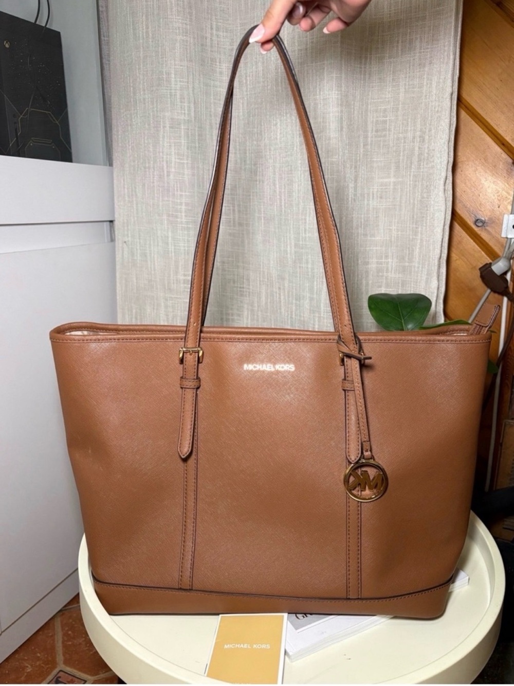 Michael Kors Tan Leather Saffiano Tote with Gold Charm